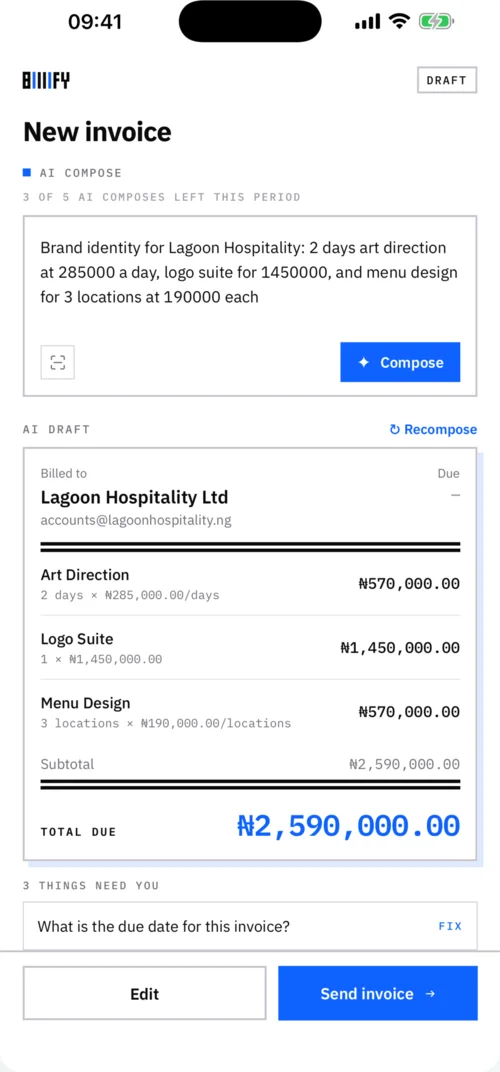 The Billify AI composer on iPhone, turning a plain-language brief into priced line items.