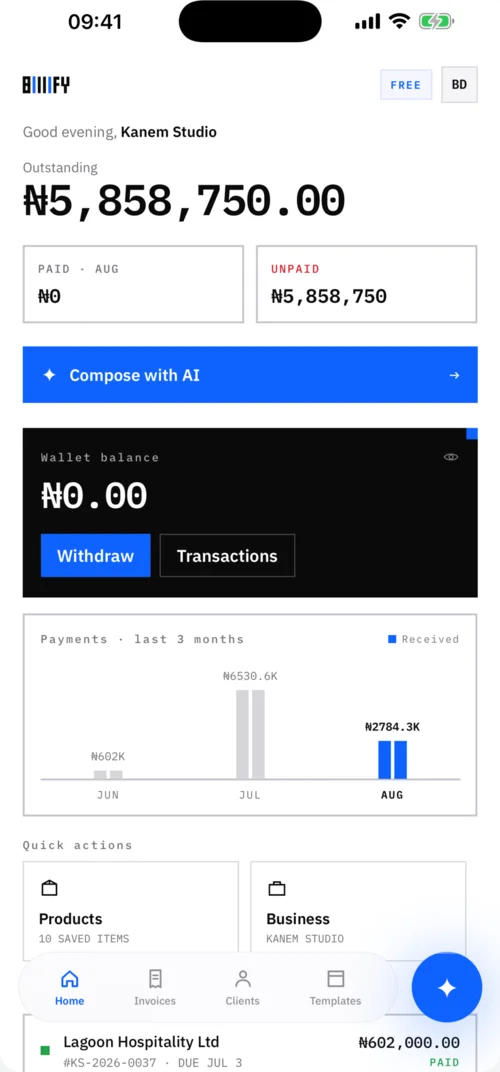 The Billify dashboard on iPhone showing outstanding and unpaid totals, wallet balance and a payments chart.