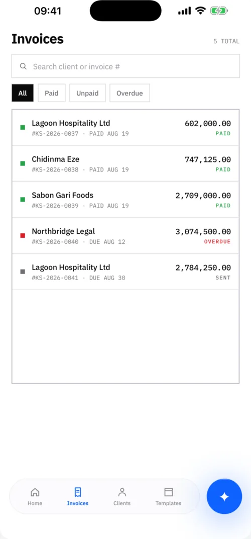 The Billify invoice list on iPhone with paid, sent and overdue invoices and their amounts.