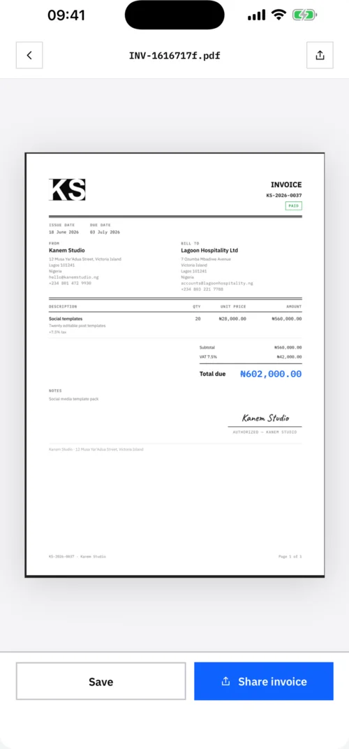 A finished Billify invoice PDF previewed on iPhone, ready to share.