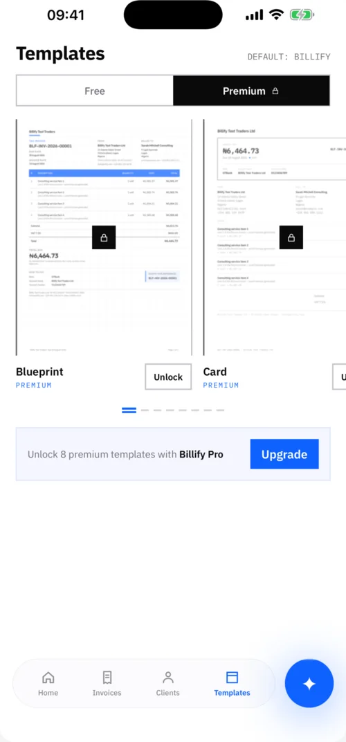 The Billify template picker on iPhone, showing free and premium invoice designs side by side.