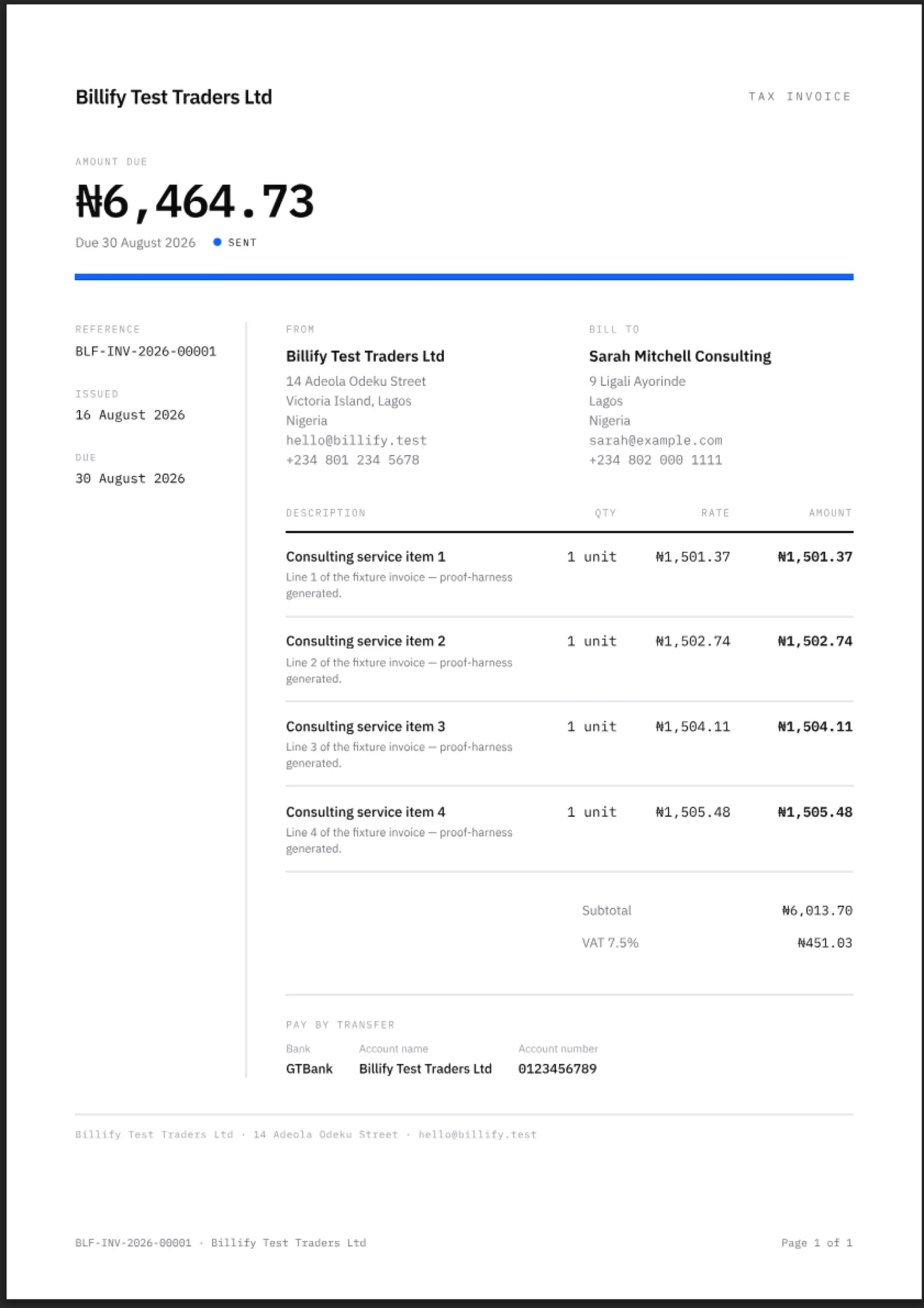 A Billify invoice rendered in the Statement template: the amount due set large above the line items, with a monospace rail carrying the reference and dates.