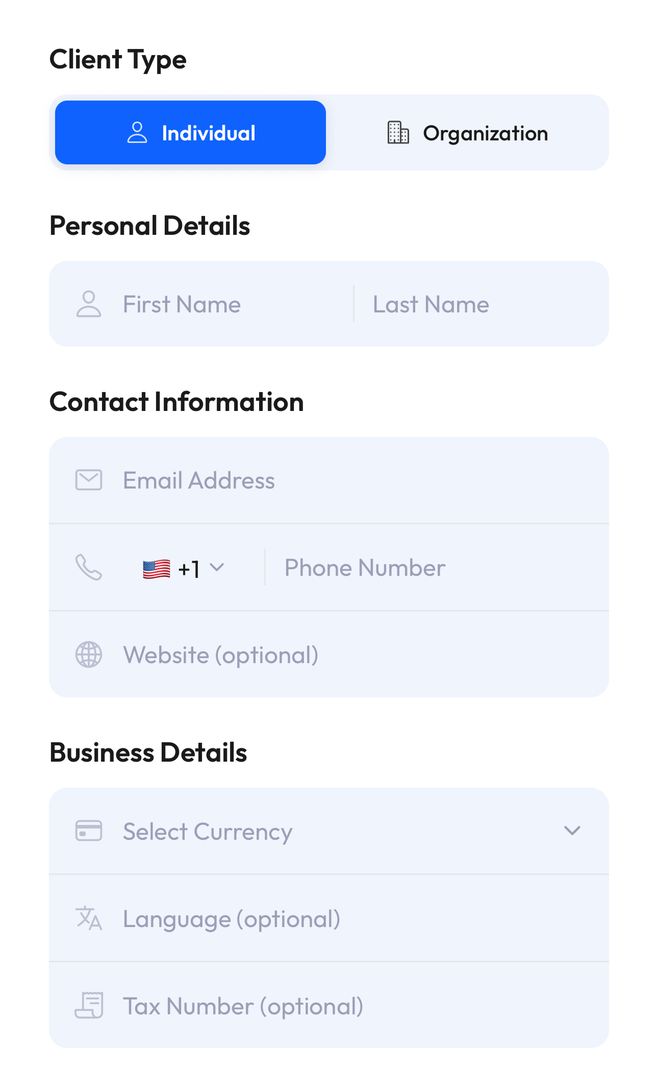 Create client form capture details