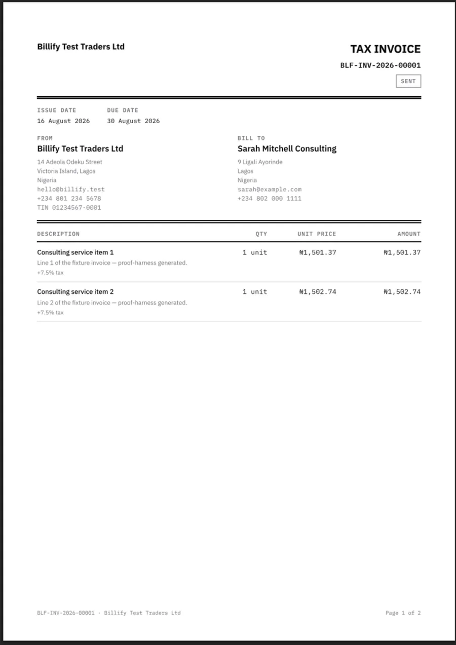Billify flagship invoice template: Swiss-technical invoice paper in IBM Plex with hairline rules, matching the app's own design language.