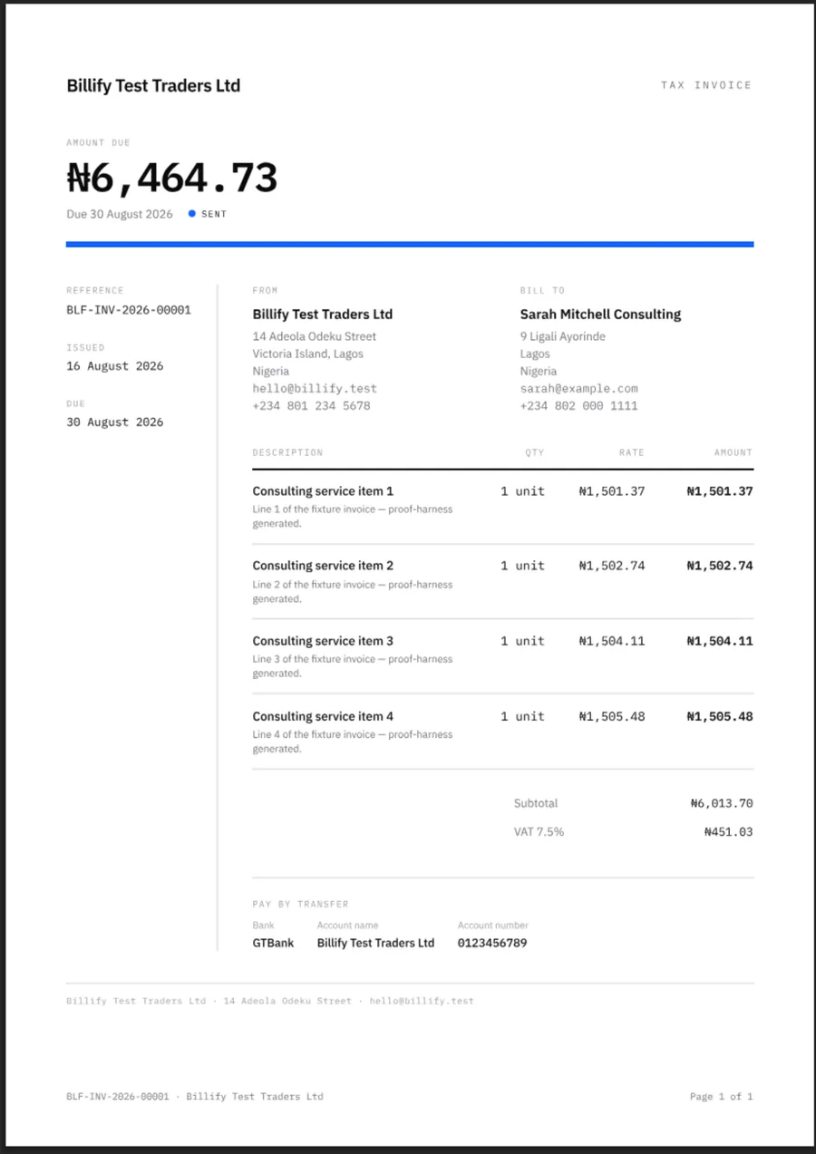 Statement invoice template: the amount due set at 30pt above the line items, with a vertical monospace rail carrying the reference and dates.