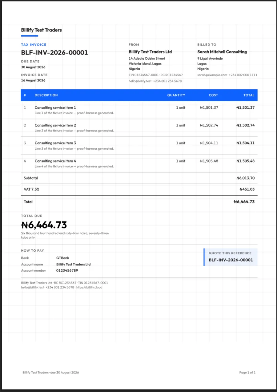 Blueprint invoice template: a formal layout on a faint graph ground with an accent table header.