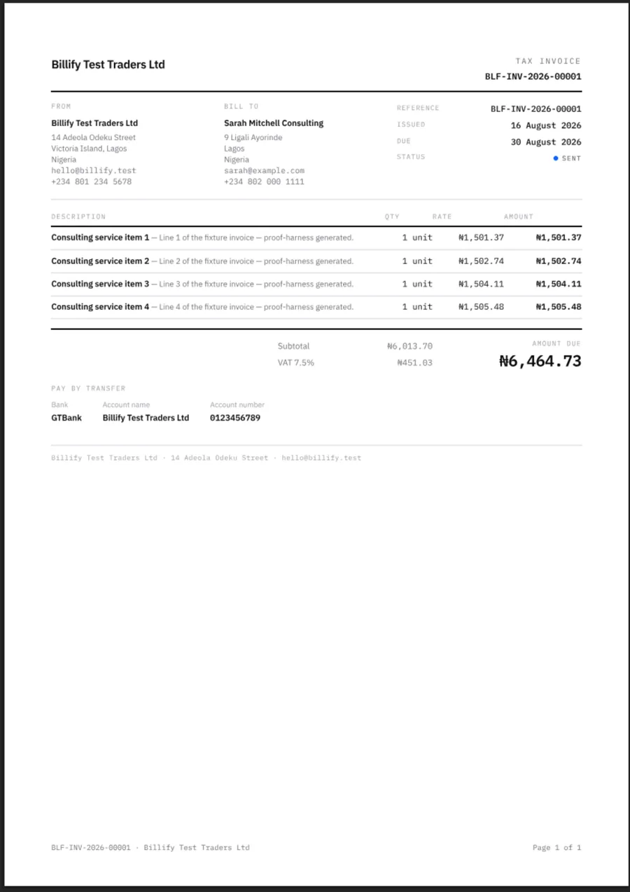 Compact invoice template: a dense two-up header and tight leading, built to fit long itemised invoices on one page.