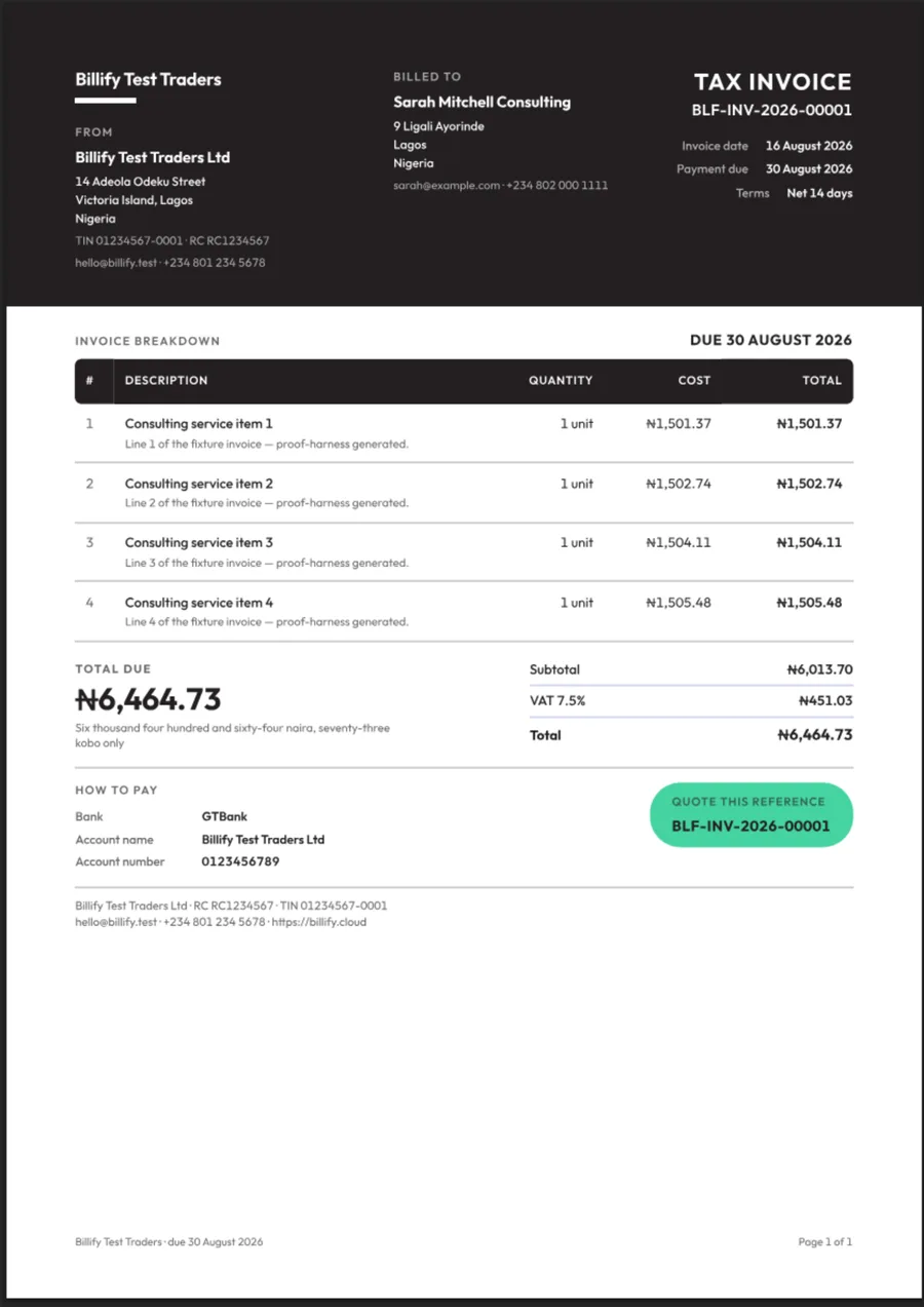 Masthead invoice template: a full-bleed dark masthead block across the top carrying a reversed logo.