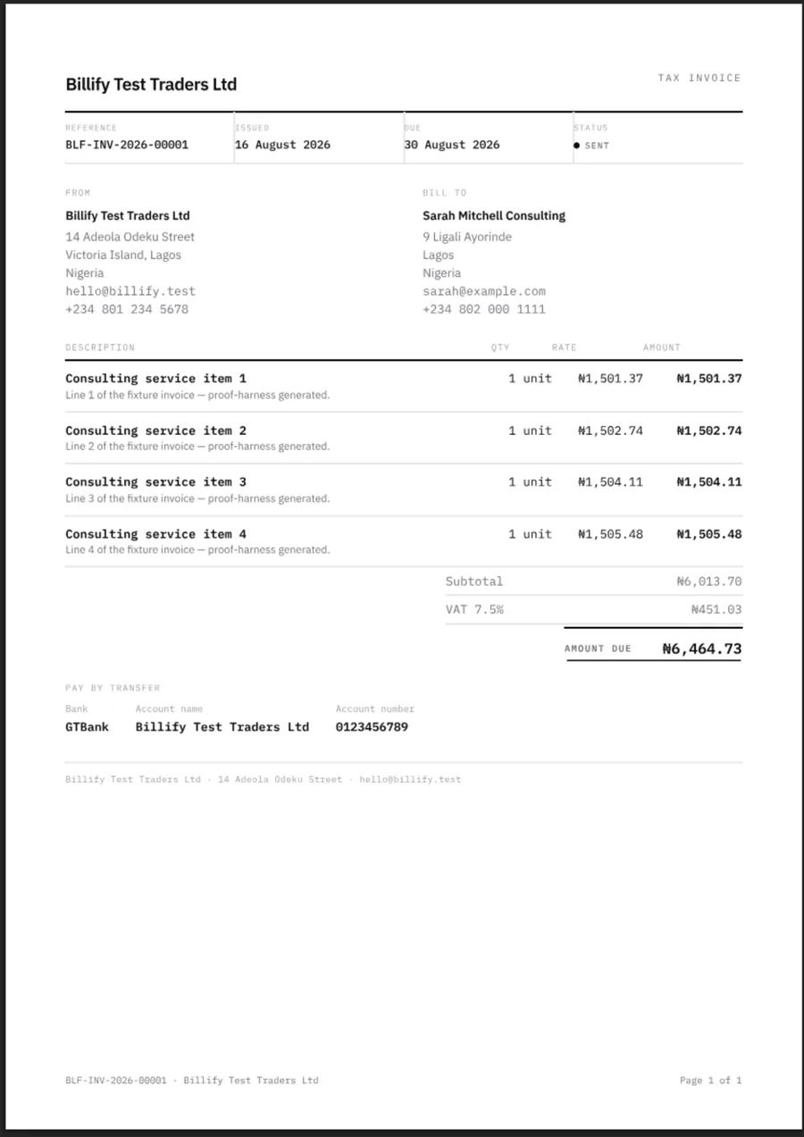Ledger invoice template: set entirely in monospace with no colour, ruled across the full measure and a double rule closing the total.