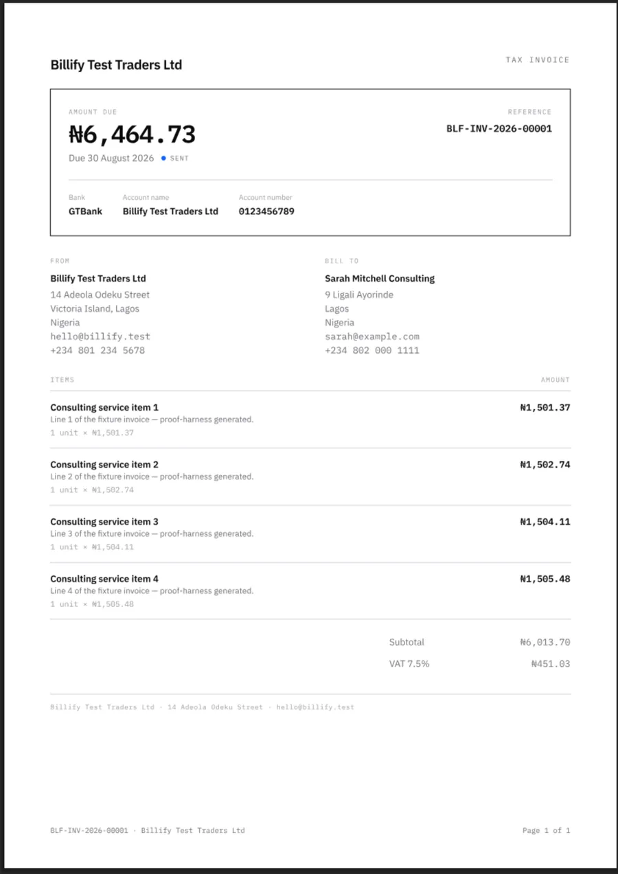 Card invoice template: amount due, due date and bank transfer details inside one bordered block, with the items listed plainly beneath it.