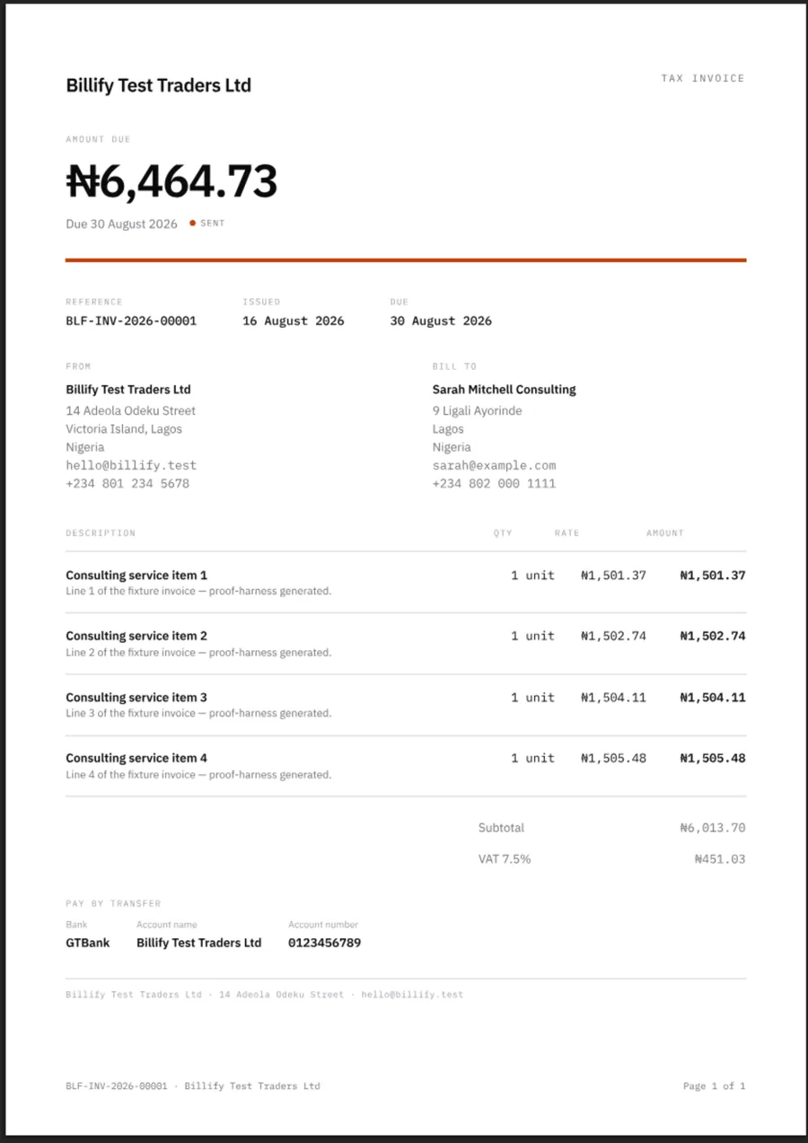 Display invoice template: the total set at 34pt as a line of type, wide margins and a single warm hairline.
